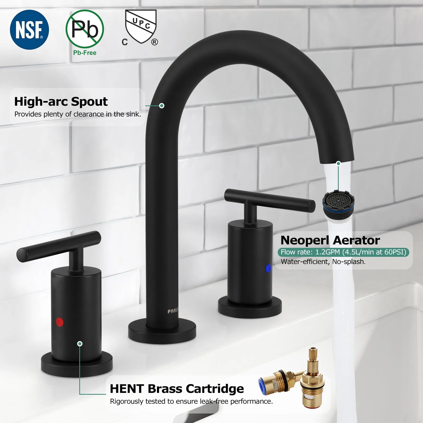 PARLOS 2-Handle Widespread 8 inch Bathroom Sink Faucet 3 Hole Vanity Faucet with cUPC Faucet Supply Lines, Matte Black, 1.2GPM, 1437404PD