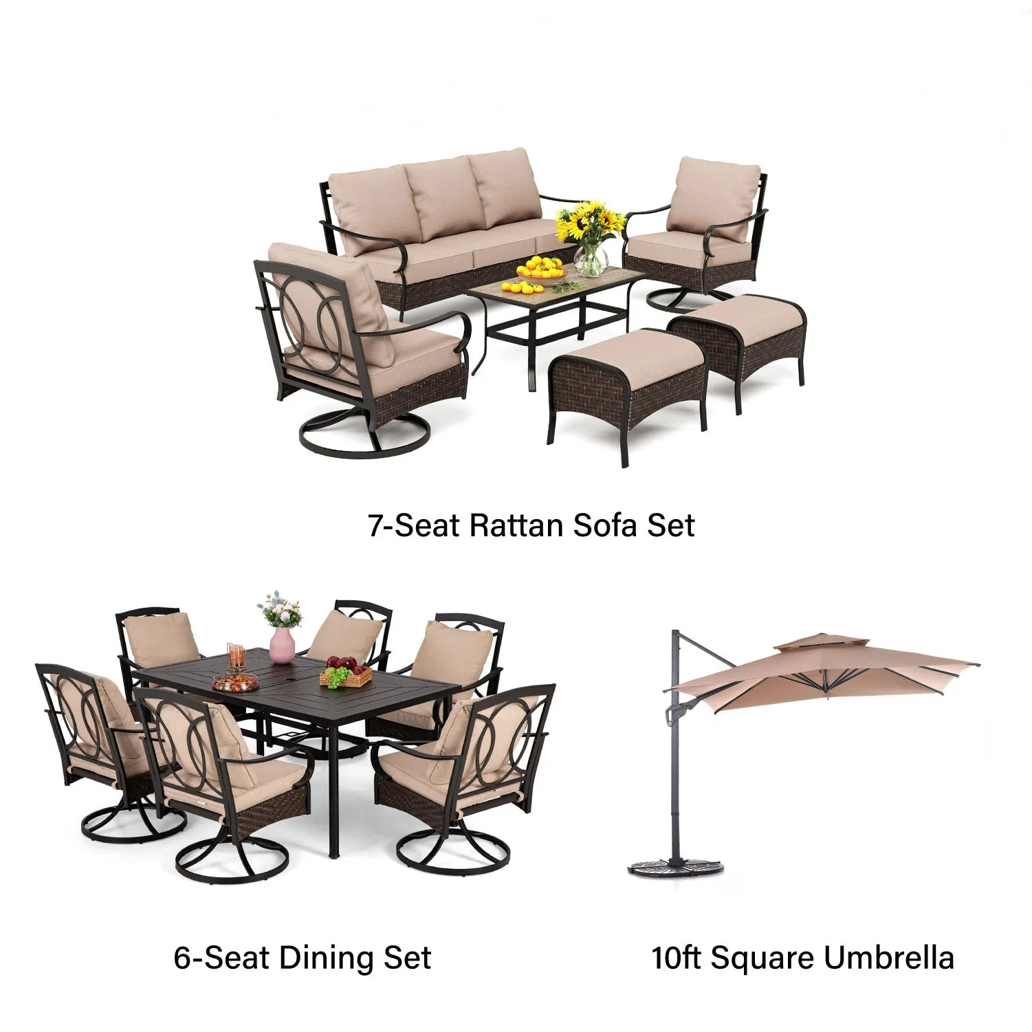 Phi Villa 13-Person Outdoor Patio Furniture Combination Set With Rattan Sofa Set, Dining Set, and Umbrella