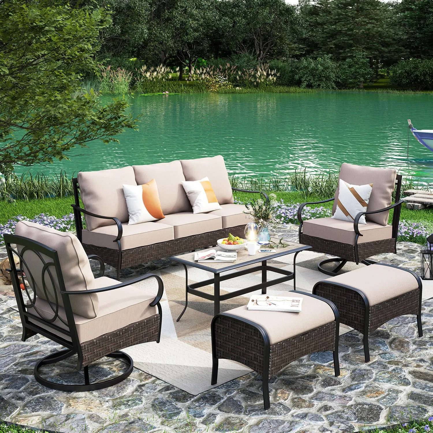 Phi Villa 13-Person Outdoor Patio Furniture Combination Set With Rattan Sofa Set, Dining Set, and Umbrella