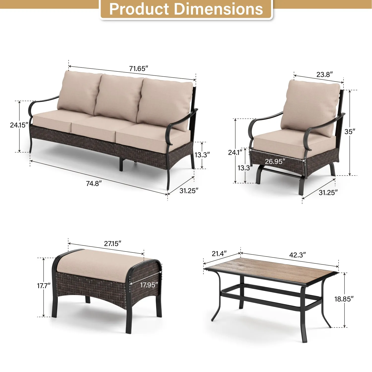 Phi Villa 13-Person Outdoor Patio Furniture Combination Set With Rattan Sofa Set, Dining Set, and Umbrella