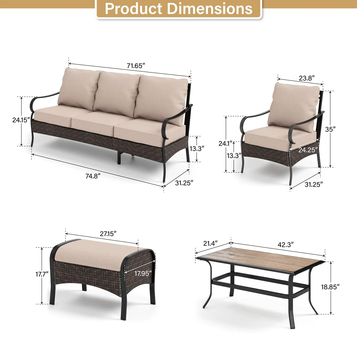 Phi Villa 13-Person Outdoor Patio Furniture Combination Set With Rattan Sofa Set, Dining Set, and Umbrella