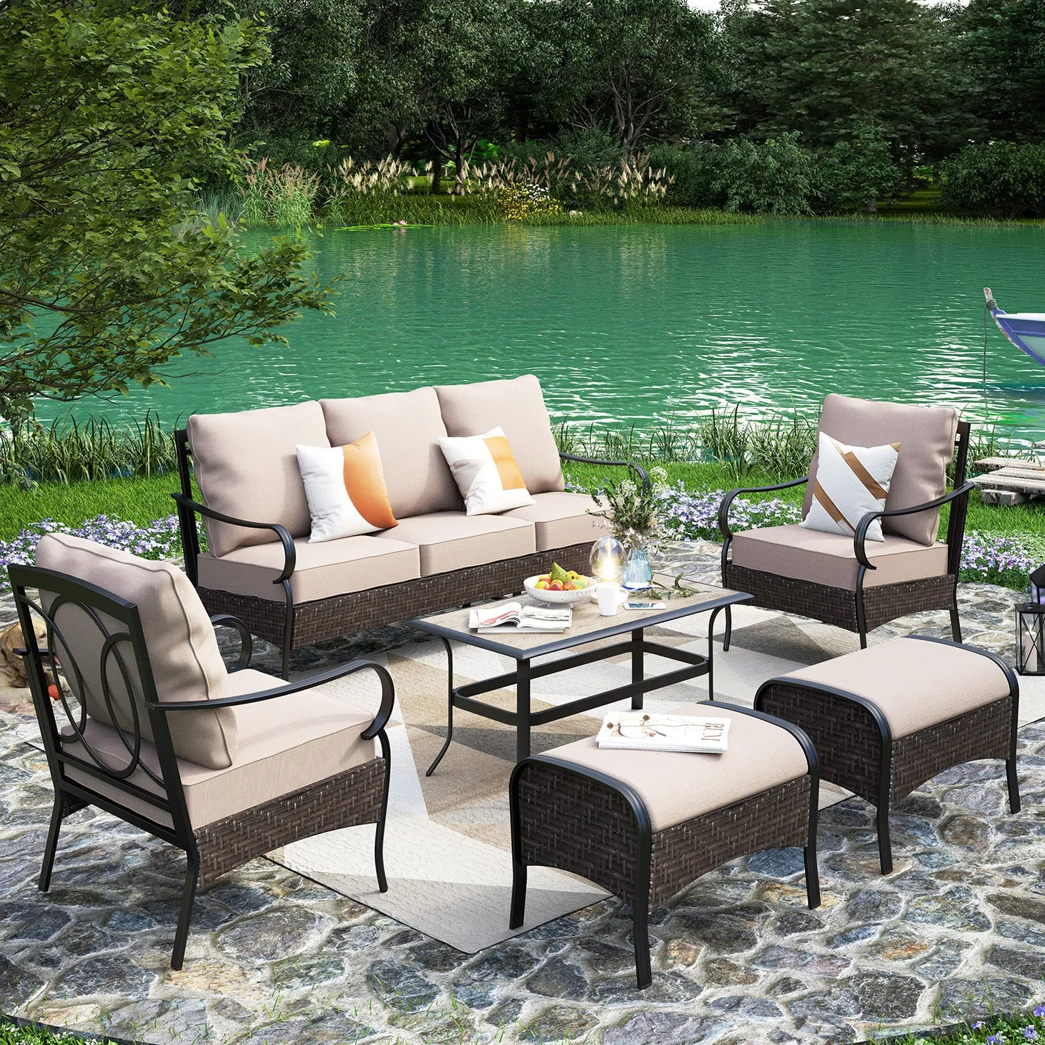 Phi Villa 13-Person Outdoor Patio Furniture Combination Set With Rattan Sofa Set, Dining Set, and Umbrella