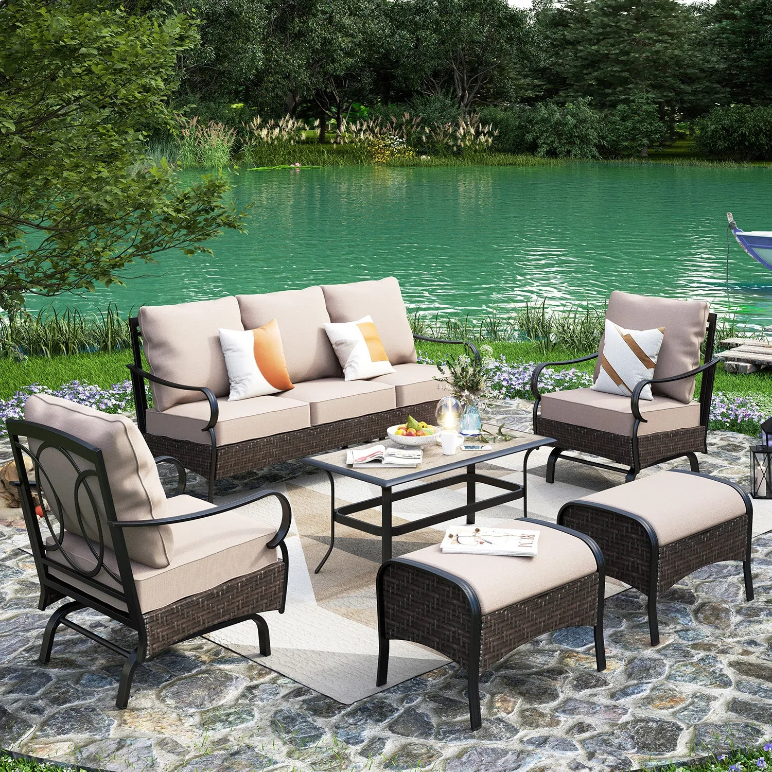 Phi Villa 13-Person Outdoor Patio Furniture Combination Set With Rattan Sofa Set, Dining Set, and Umbrella