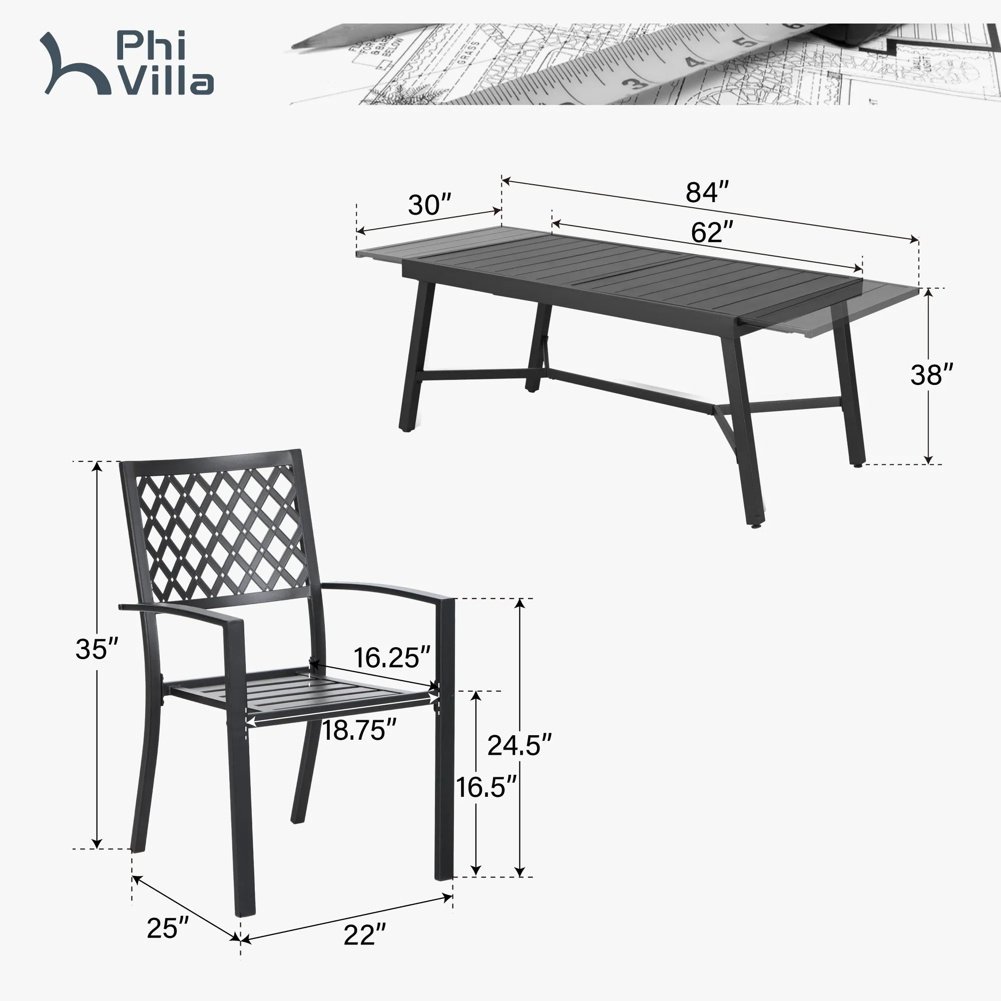 PHI VILLA 7-piece / 9-piece Outdoor Dining Sets Adjustable Steel Table and Stackable Chairs