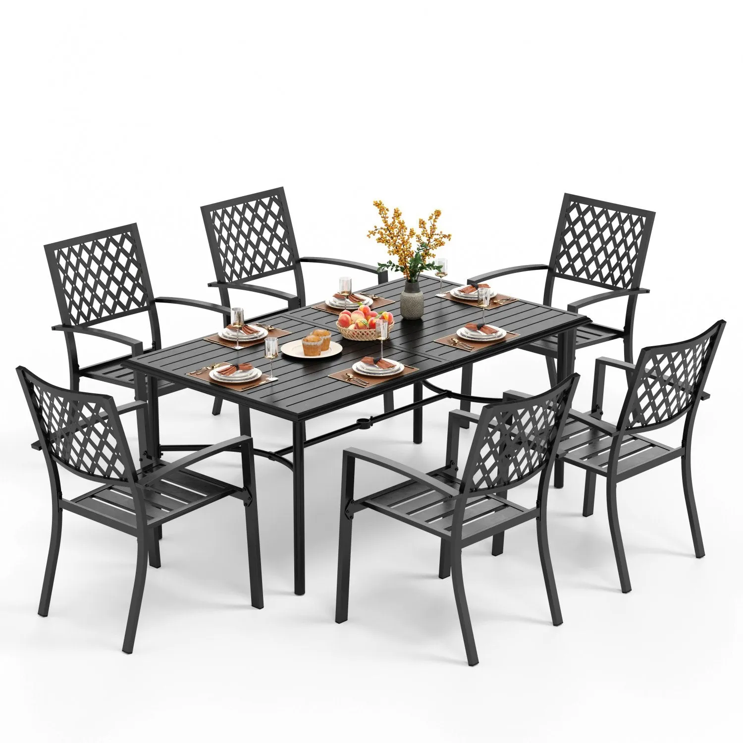 PHI VILLA 7-Piece Patio Dining Set 6 Fixed Stackable Chairs and Steel Rectangle Table