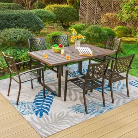 PHI VILLA 7-Piece Patio Dining Set 6 Fixed Stackable Chairs and Steel Rectangle Table