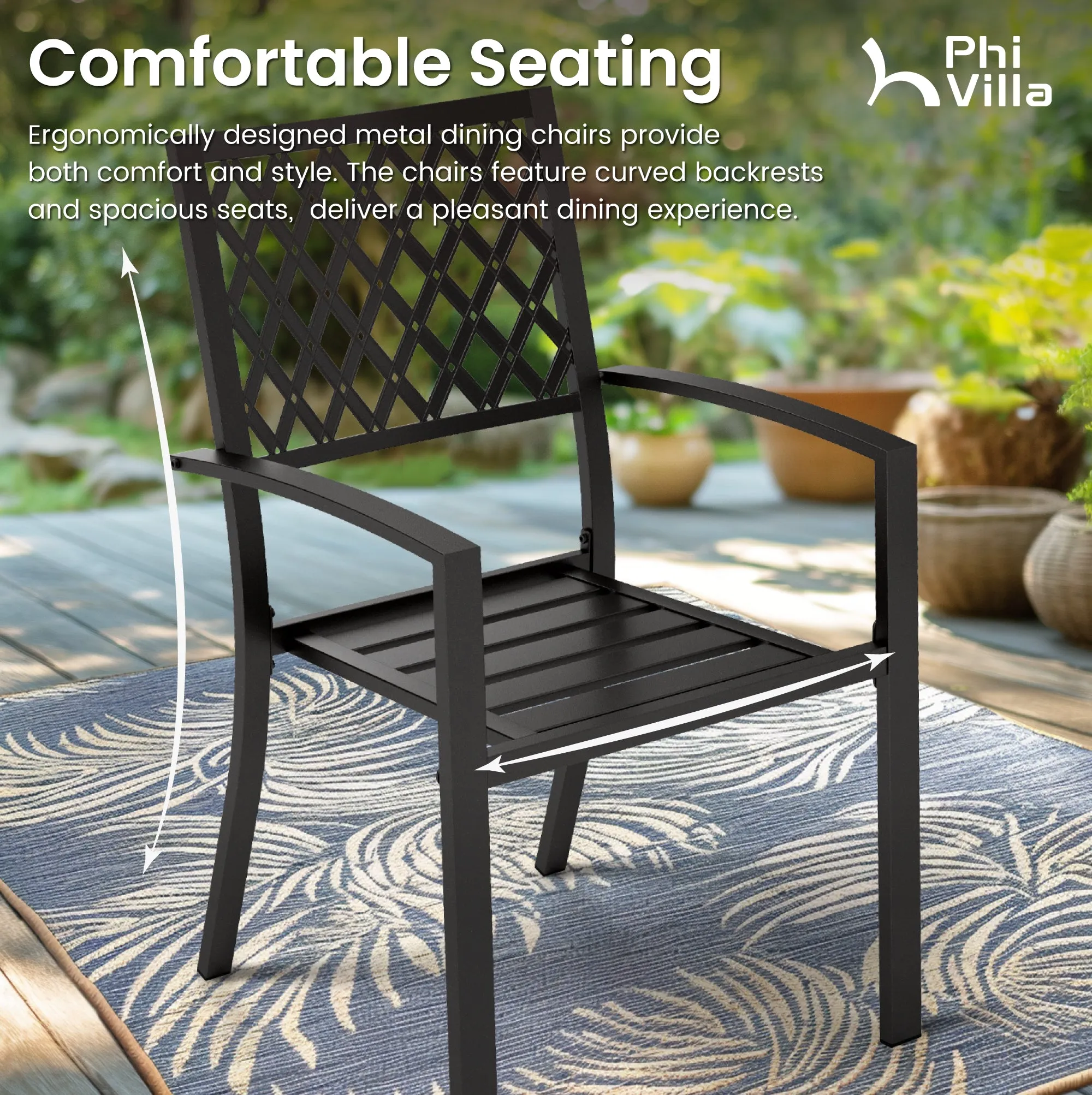 PHI VILLA 7-Piece Patio Dining Set 6 Fixed Stackable Chairs and Steel Rectangle Table