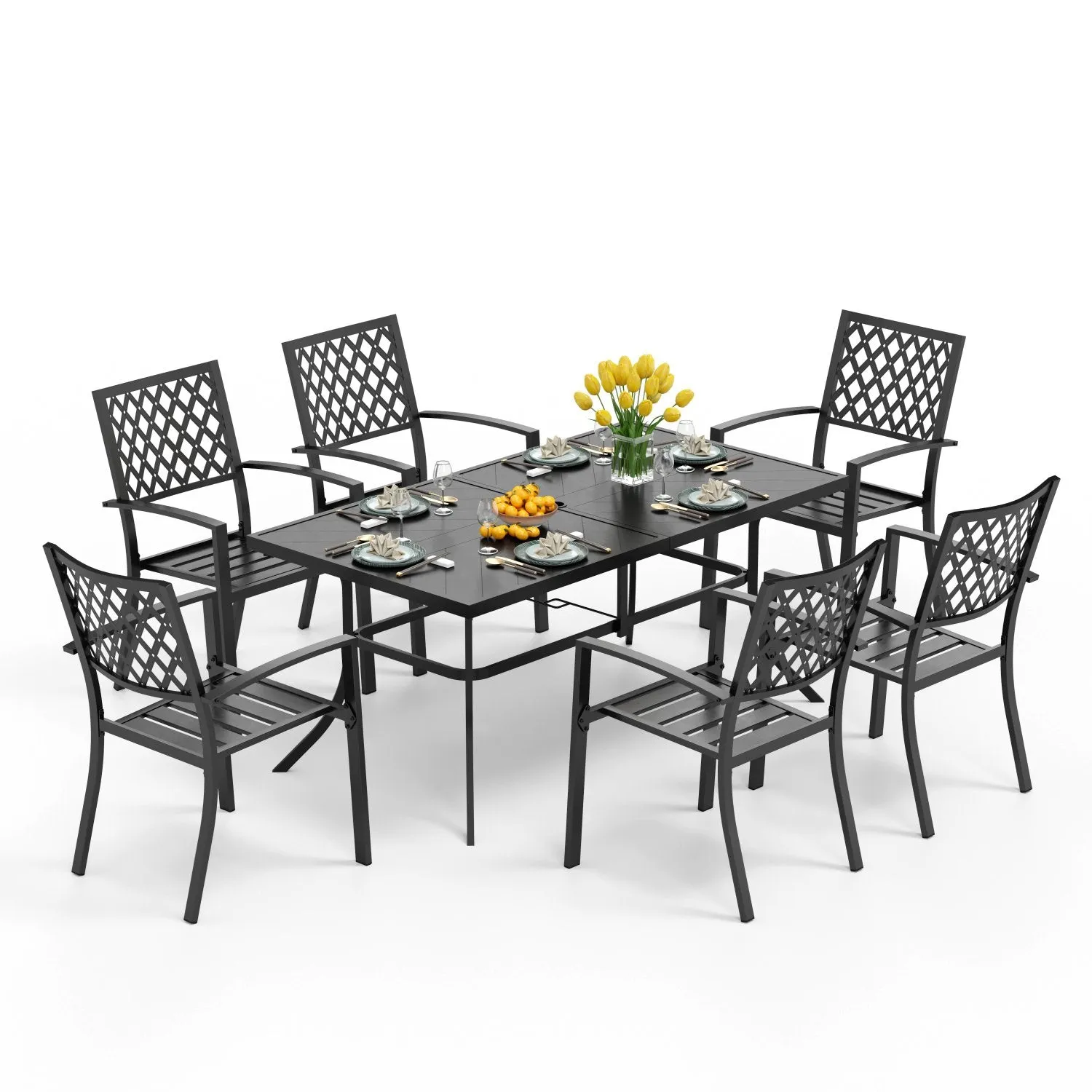 PHI VILLA 7-Piece Patio Dining Set 6 Fixed Stackable Chairs and Steel Rectangle Table