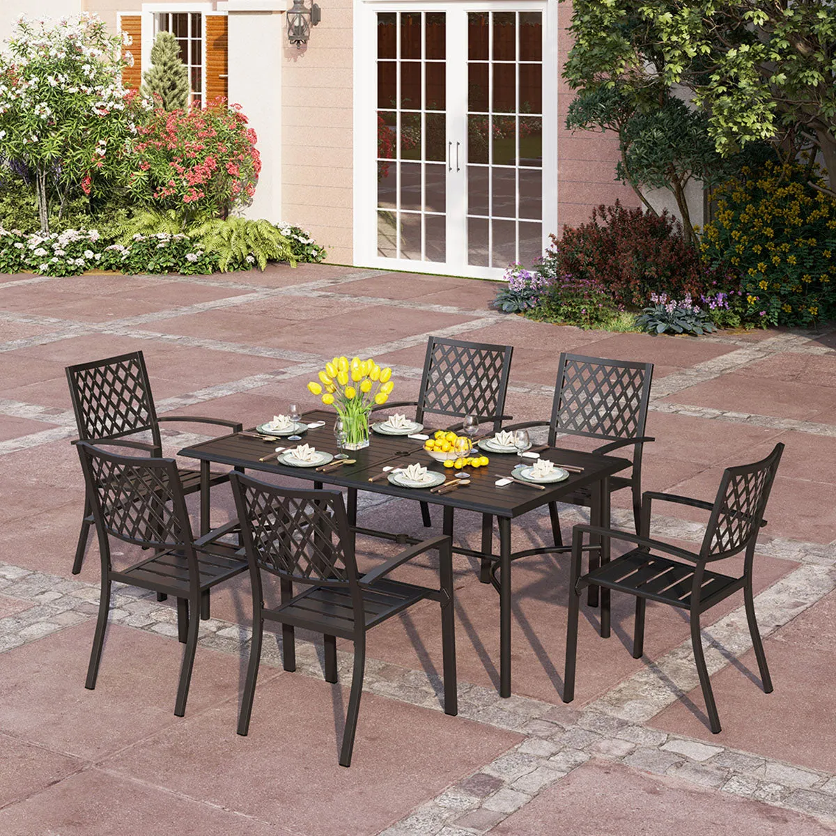 PHI VILLA 7-Piece Patio Dining Set 6 Fixed Stackable Chairs and Steel Rectangle Table