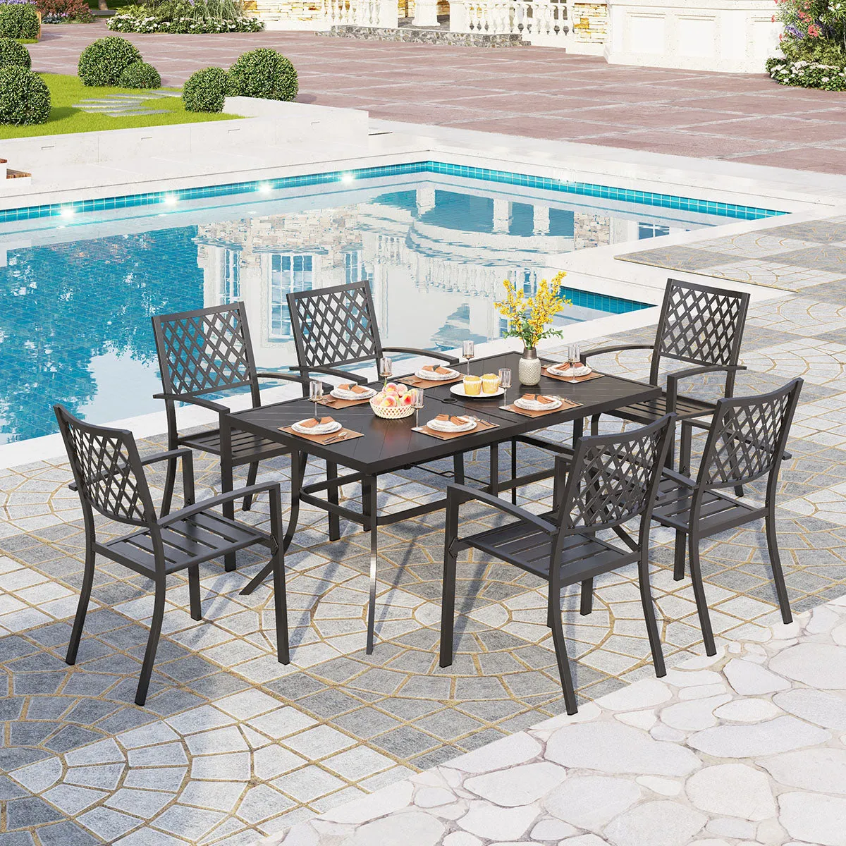 PHI VILLA 7-Piece Patio Dining Set 6 Fixed Stackable Chairs and Steel Rectangle Table