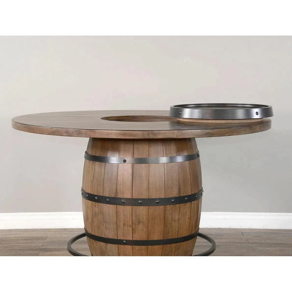 Round 54" Counter Height Rustic Barrel Pub Table Warm Walnut