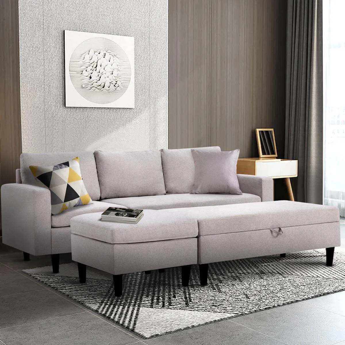 Sectional Sofa with Ottoman and Chaise Lounge, 3-Seat Living Room Furniture Sets, L-Shape Couch Sofa for Living Room,Light Gray