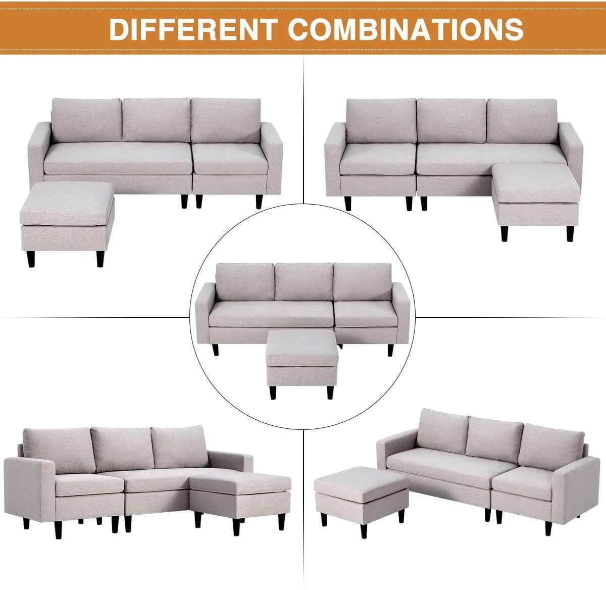 Small Sectional Sofa Couch, 3-Piece Living Room Convertible Couch, Modern Linen Fabric L-Shape Couch with Chaise Lounge for Small Space Apartment, Light Gray