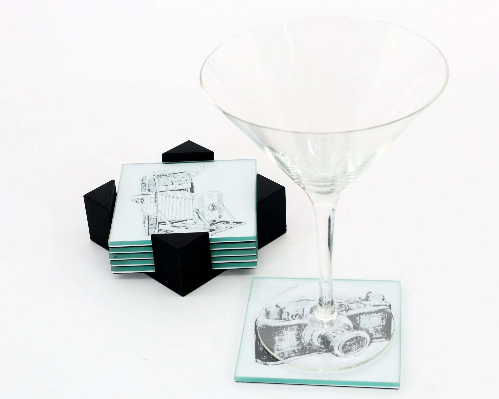 Vintage Camera Coaster Set for Drinks with Holder, Barware, Set of 4 or 6