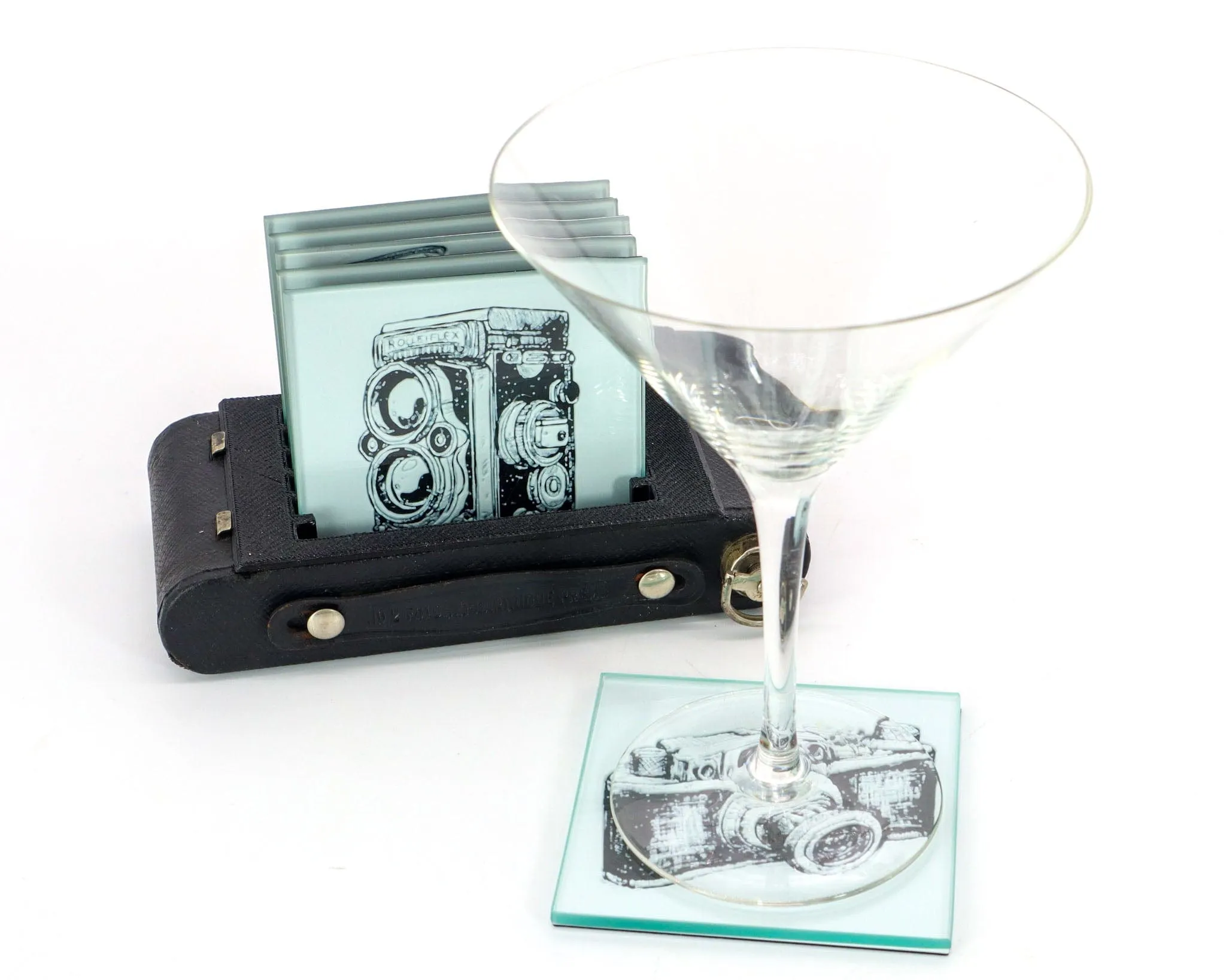 Vintage Camera Coaster Set for Drinks with Holder, Barware, Set of 4 or 6