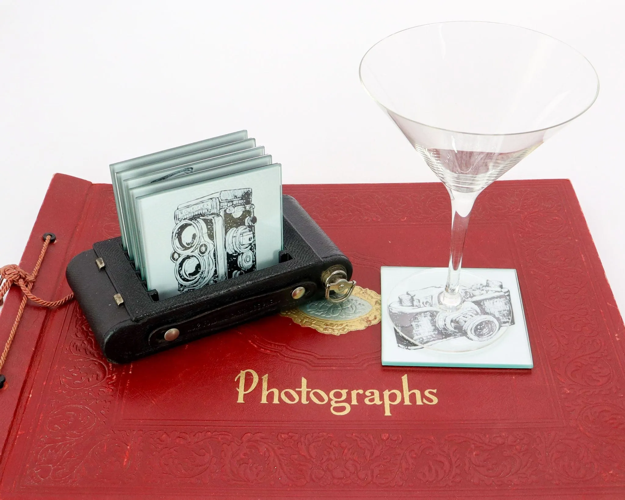 Vintage Camera Coaster Set for Drinks with Holder, Barware, Set of 4 or 6