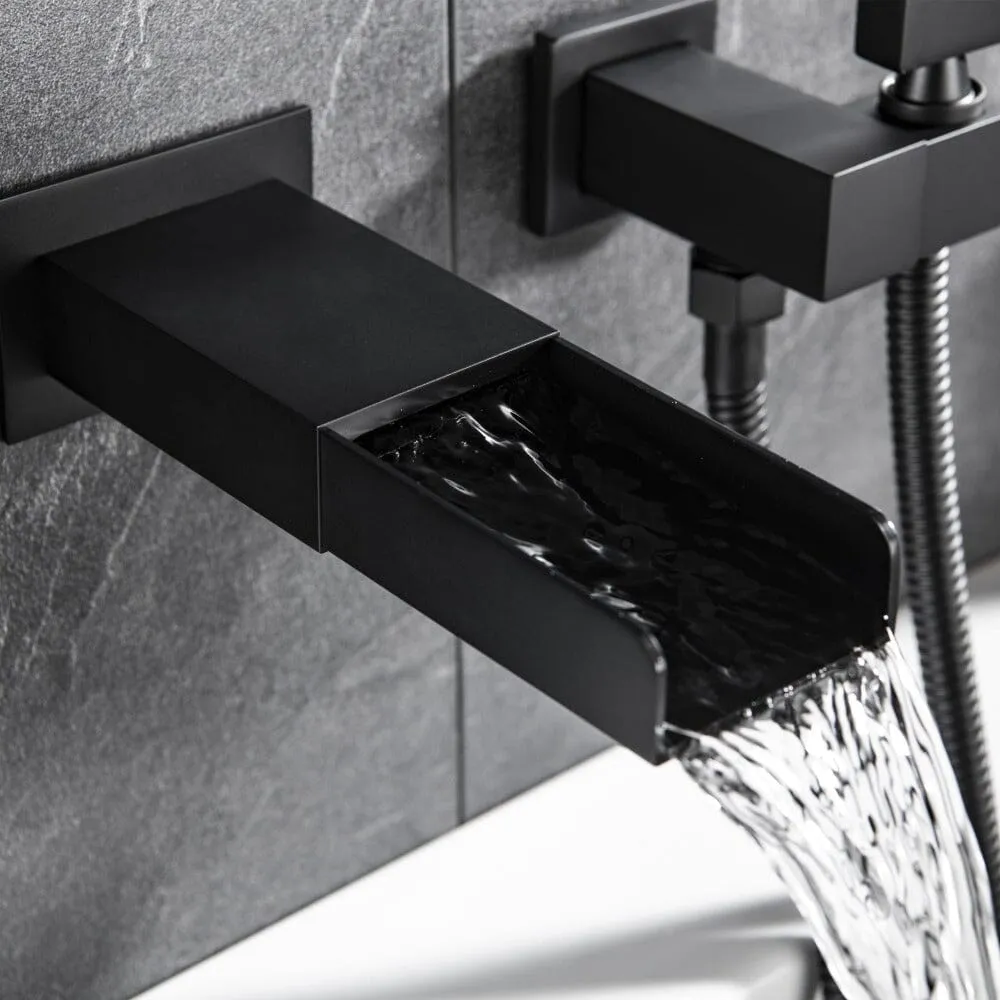 Waterfall Wall Mount Tub Faucet with Hand Shower, Matte Black